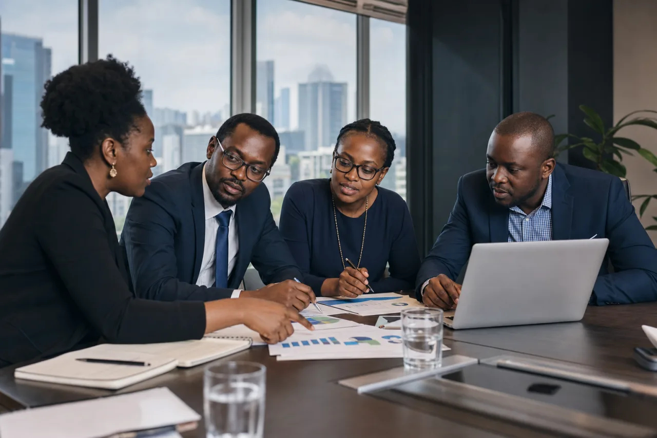 Infrastructure advisors reviewing business plans and financial information