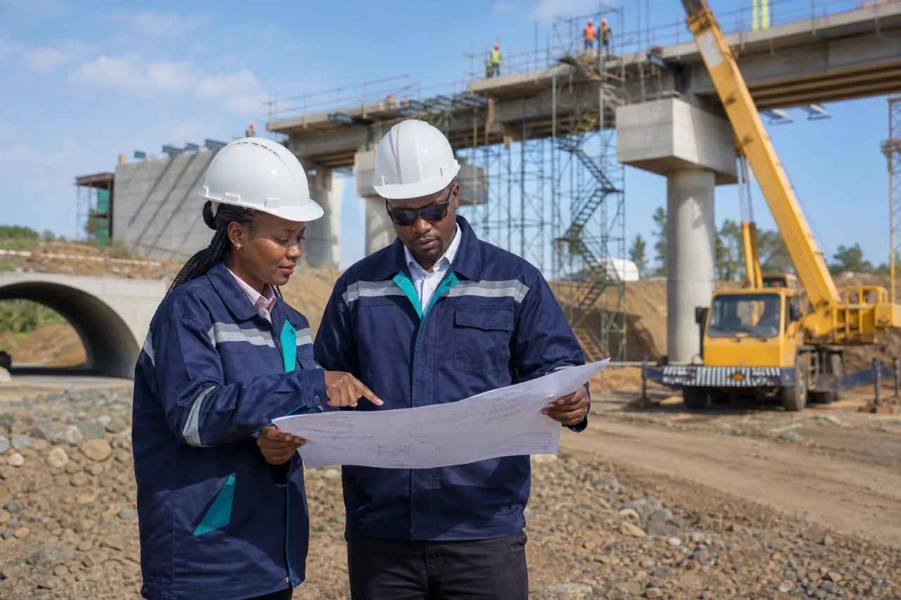 Infrastructure professionals reviewing construction plans